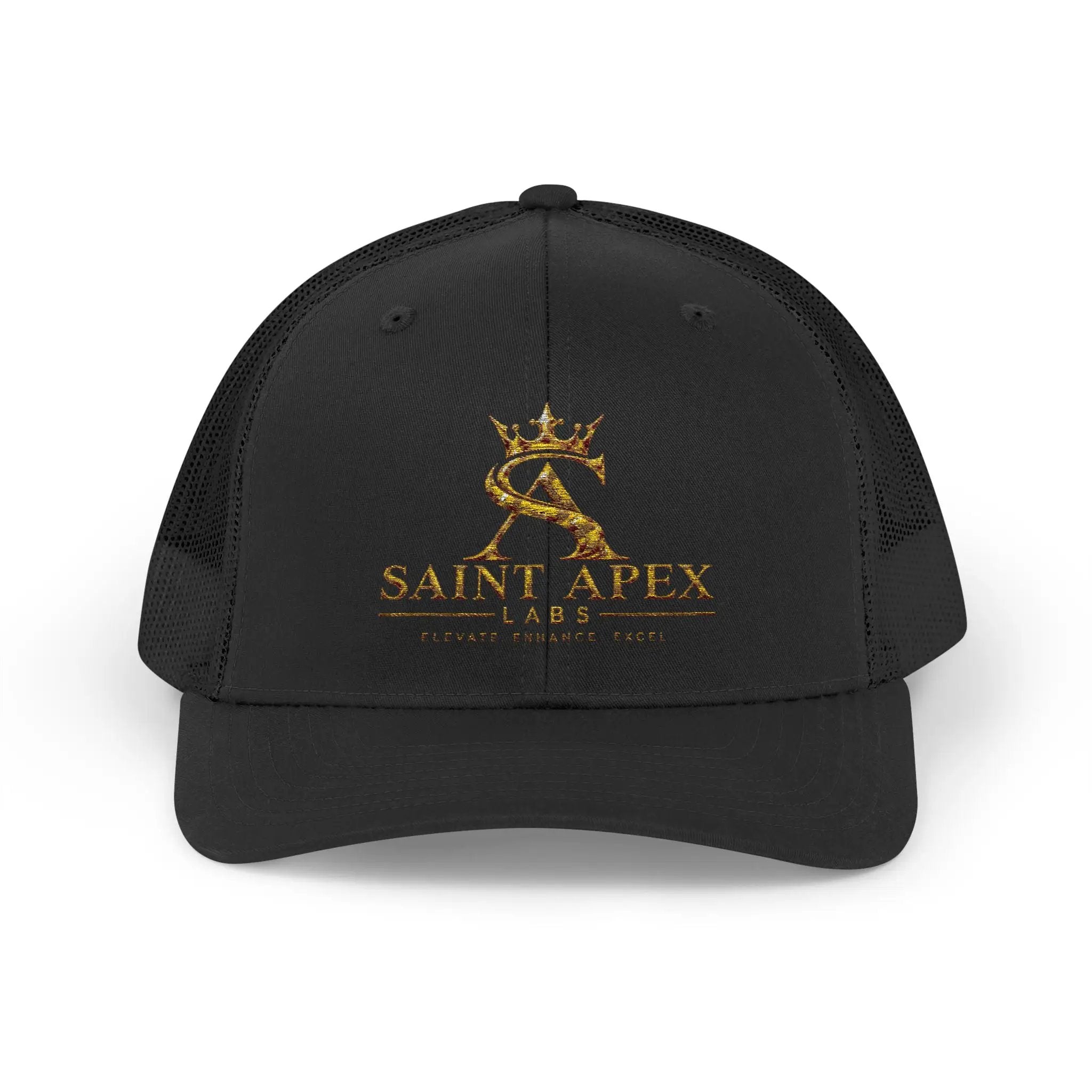 Snapback Trucker Cap — Saint Apex Gold Logo Mesh Hat by Printify
