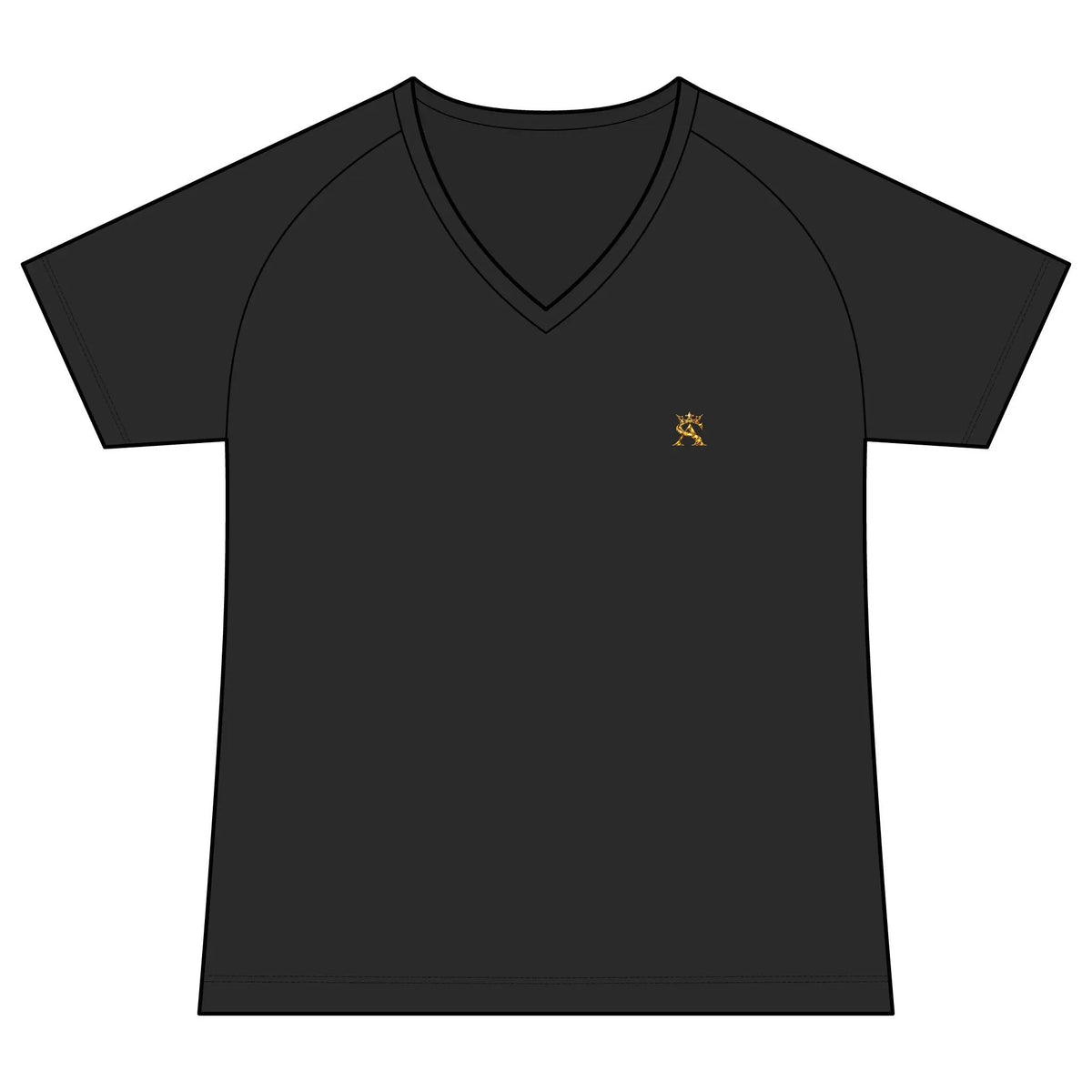 Women's Performance V Neck Raglan T Shirt Moisture Wicking Gold Logo by Printify