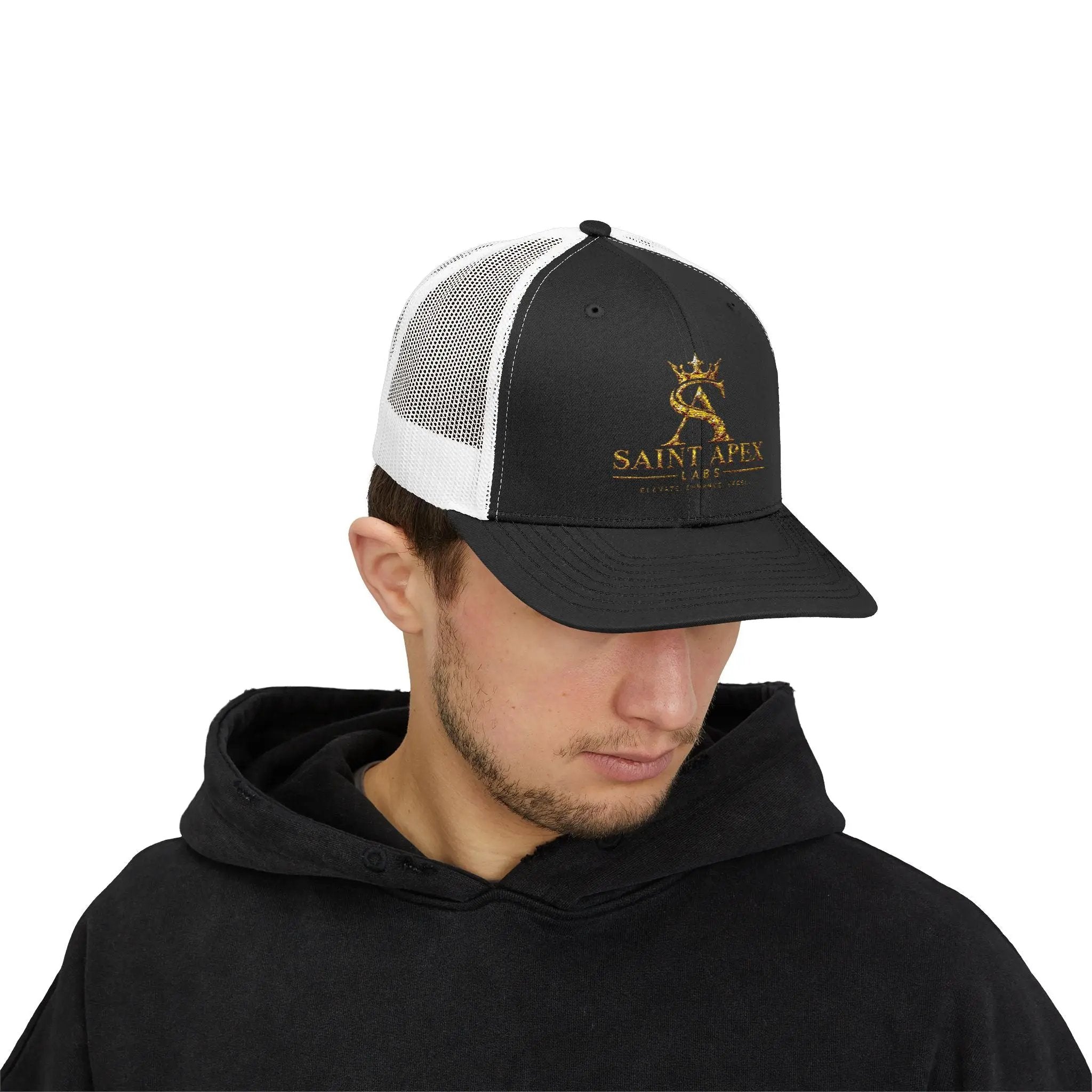 Snapback Trucker Cap — Saint Apex Gold Logo Mesh Hat by Printify