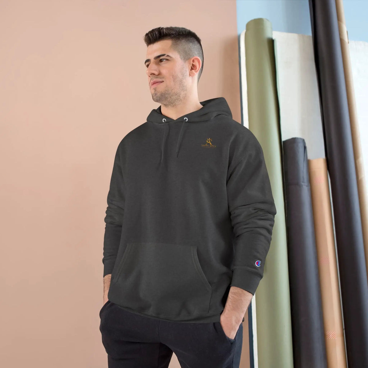 Saint Apex Black Hoodie Minimalist Chest Logo With Champion Sleeve Patch by Printify