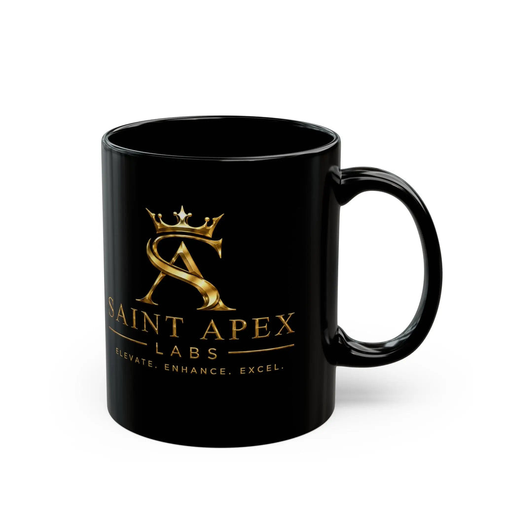 Saint Apex Labs Black Coffee Mug – Gold Crown Logo (11oz/15oz) by Printify