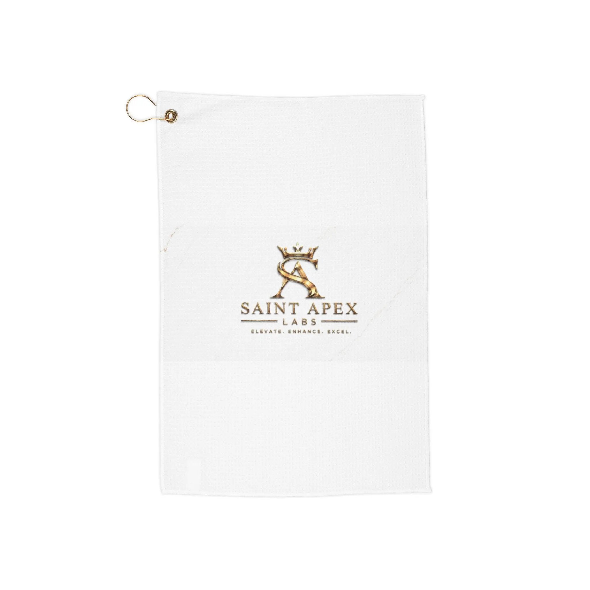 Saint Apex Logo Golf Towel – Premium White Microfiber Golf Towel with Grommet & Clip by Printify