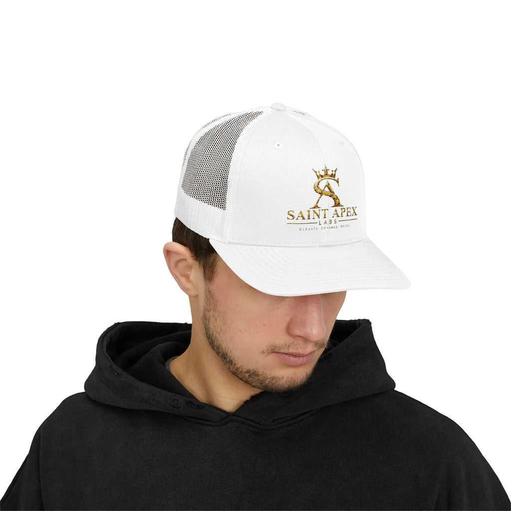 Snapback Trucker Cap — Saint Apex Gold Logo Mesh Hat by Printify