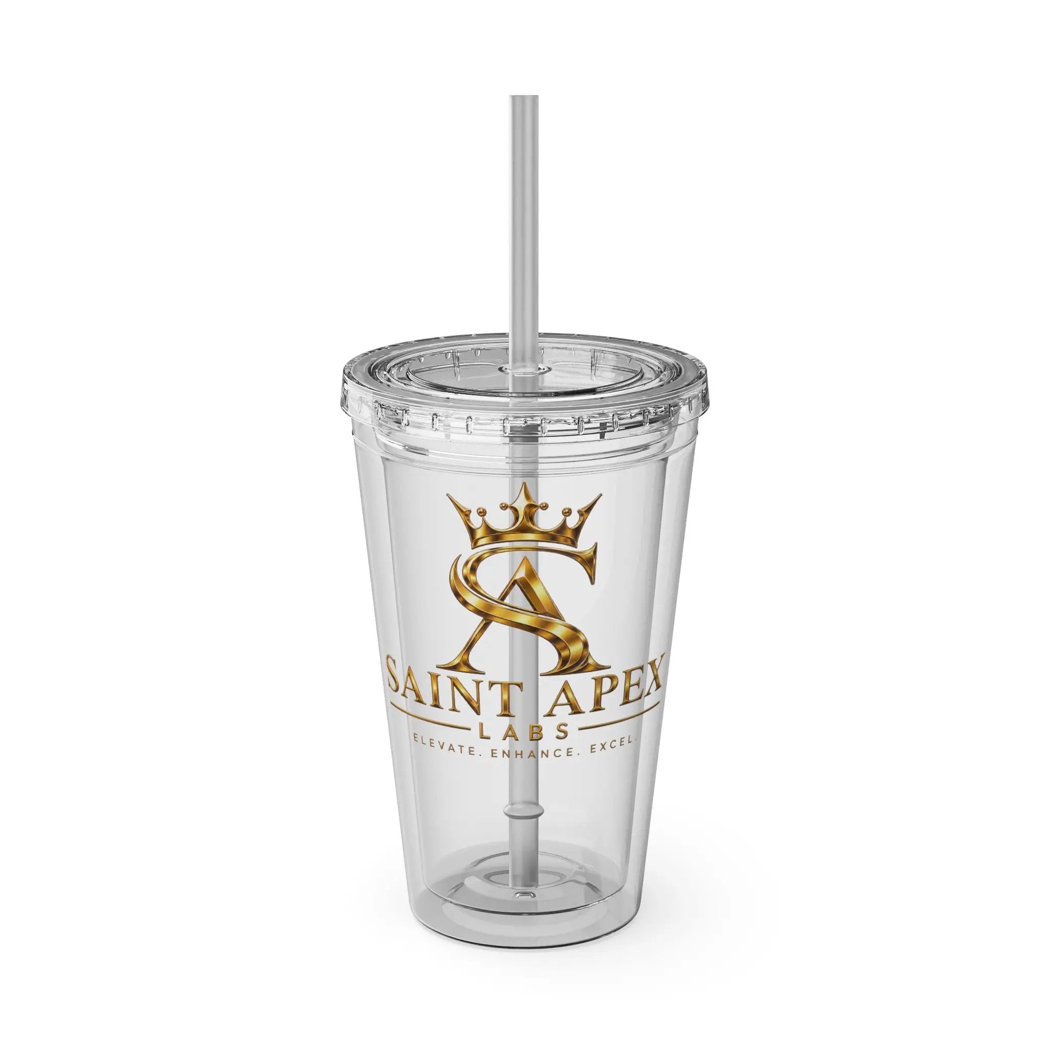 Saint Apex Gold Crest Tumbler with Straw — 16oz Clear Insulated Cup by Printify