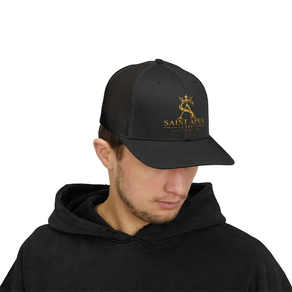 Snapback Trucker Cap — Saint Apex Gold Logo Mesh Hat by Printify