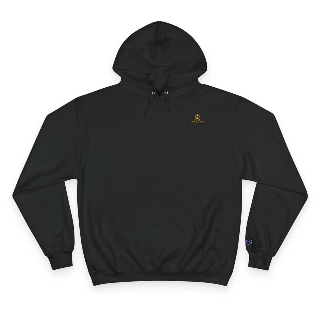 Saint Apex Black Hoodie Minimalist Chest Logo With Champion Sleeve Patch by Printify