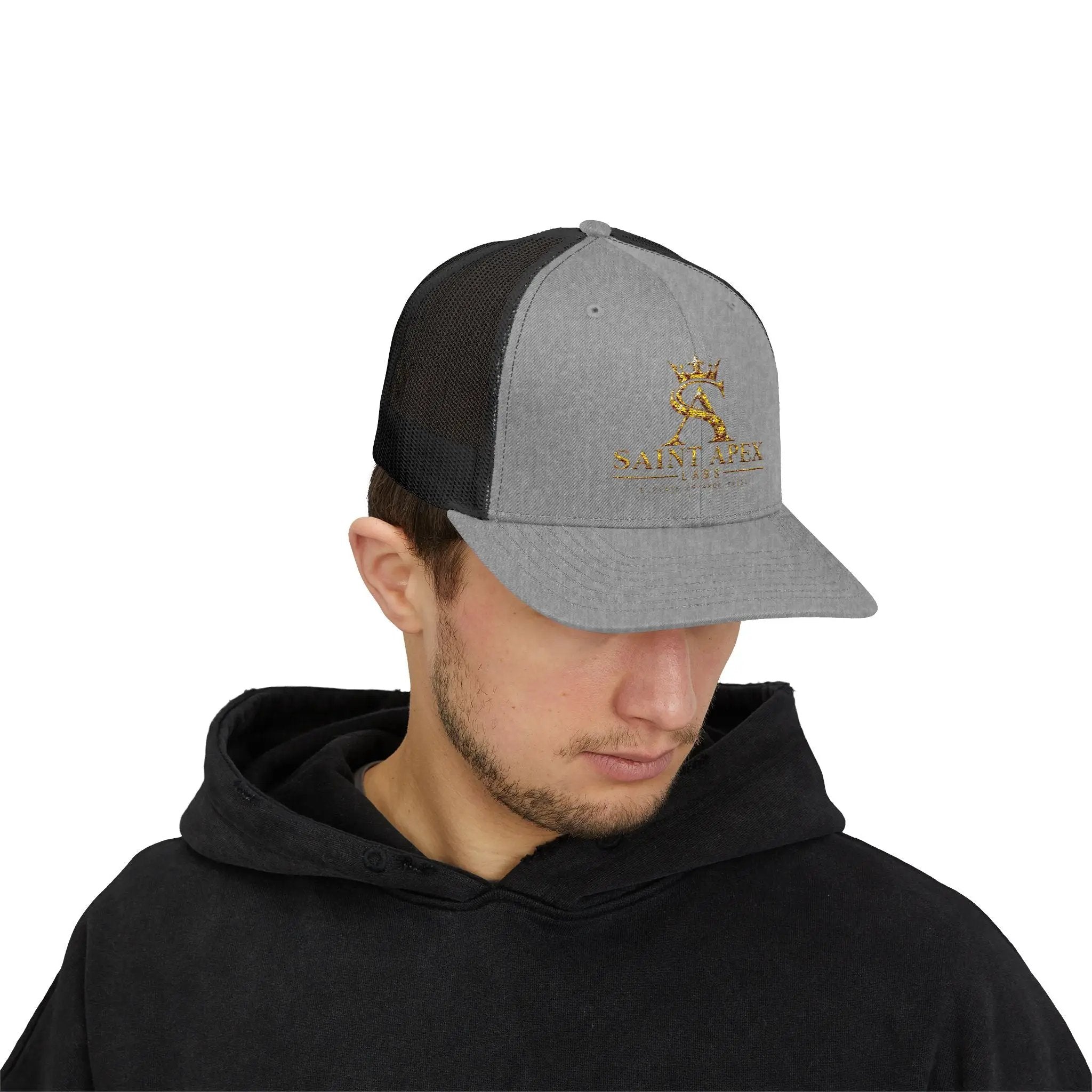 Snapback Trucker Cap — Saint Apex Gold Logo Mesh Hat by Printify