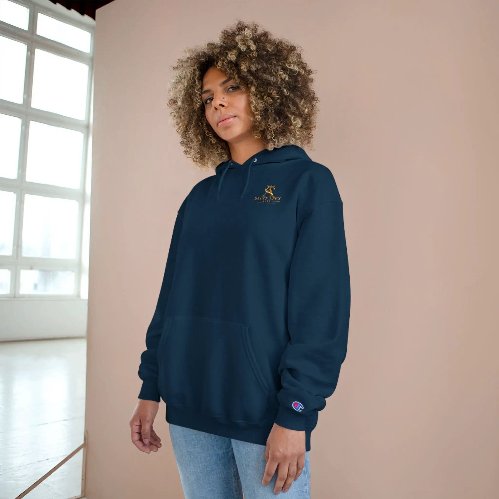 Minimalist Champion Hoodie – Small Chest Logo Pullover by Printify