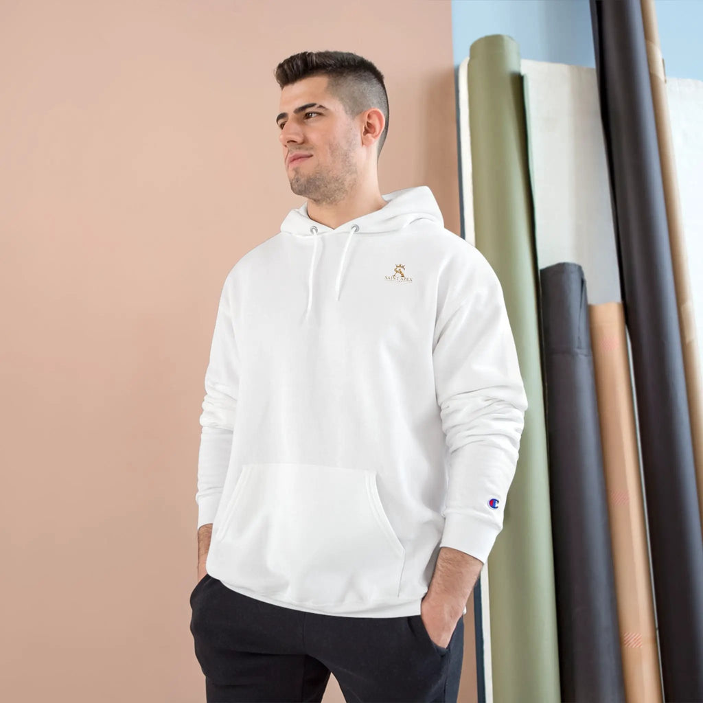 Saint Apex Black Hoodie Minimalist Chest Logo With Champion Sleeve Patch by Printify