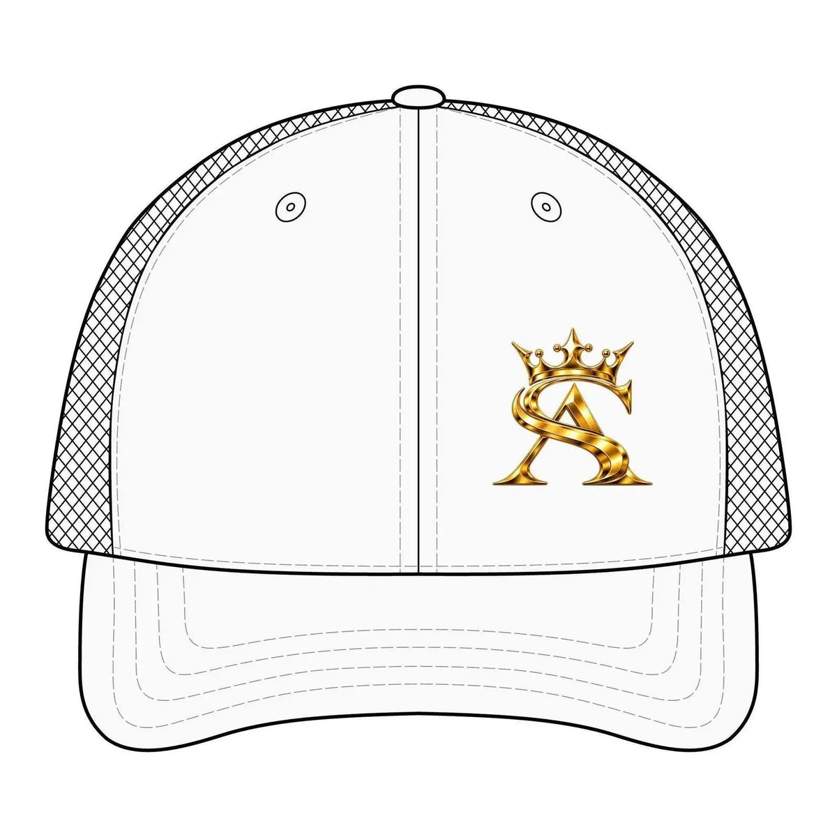 Saint Apex Labs Structured Gold Crest Trucker Hat by Printify
