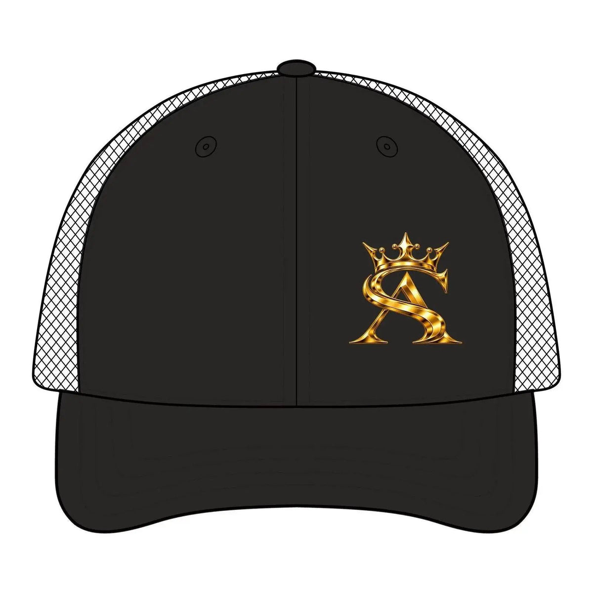 Saint Apex Labs Structured Gold Crest Trucker Hat by Printify