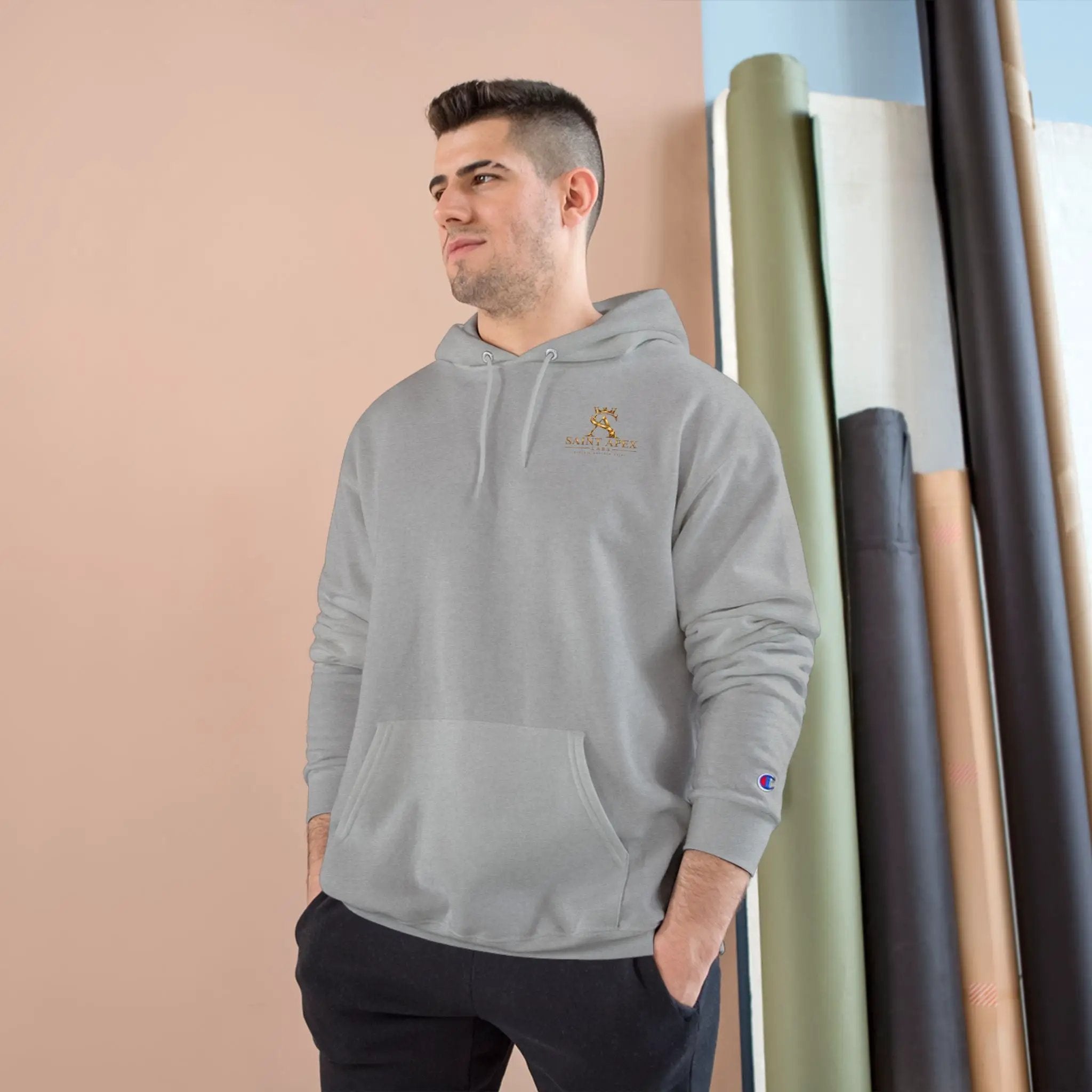 Minimalist Champion Hoodie – Small Chest Logo Pullover by Printify