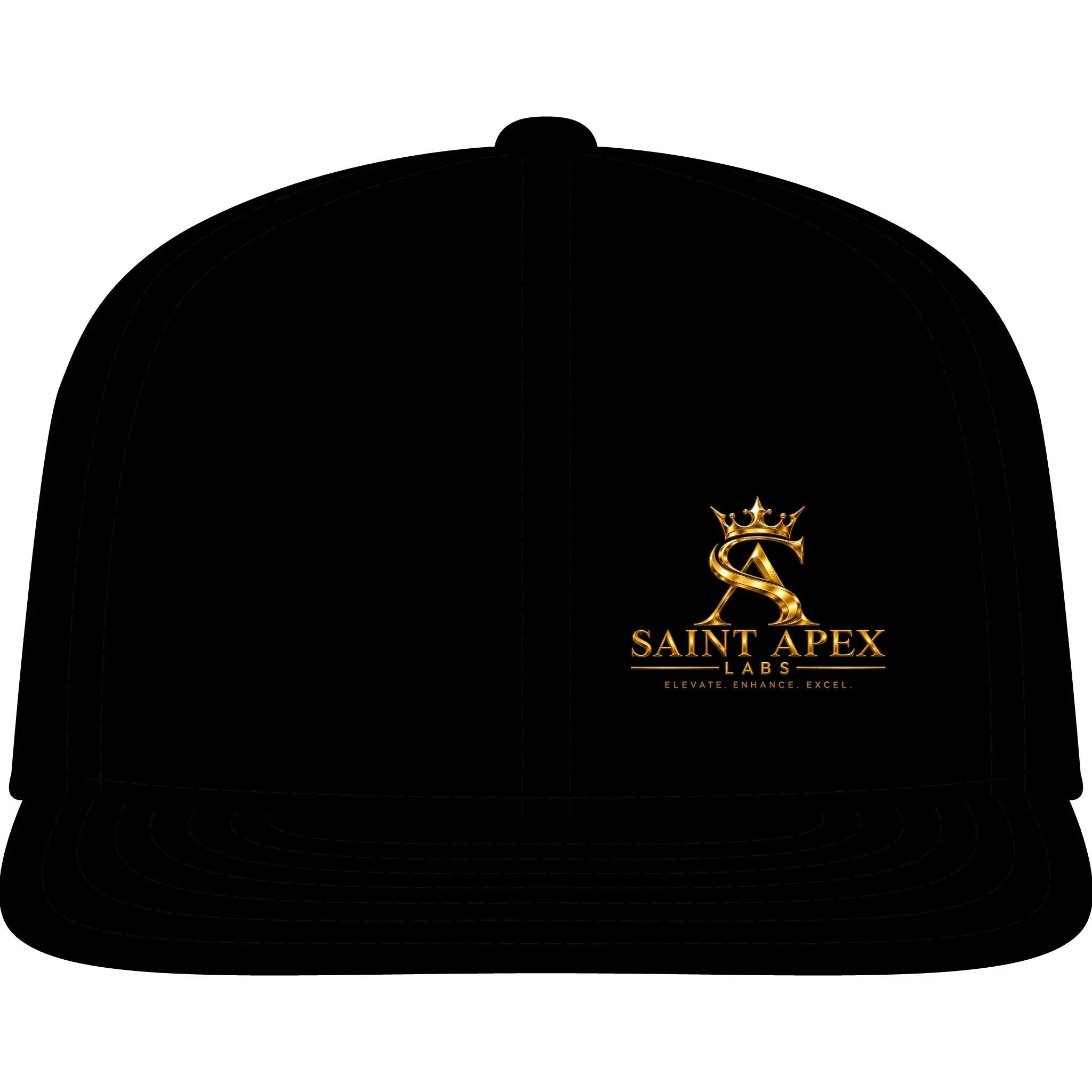 Saint Apex Snapback Cap — Embroidered Gold Logo Flatbill Hat by Printify