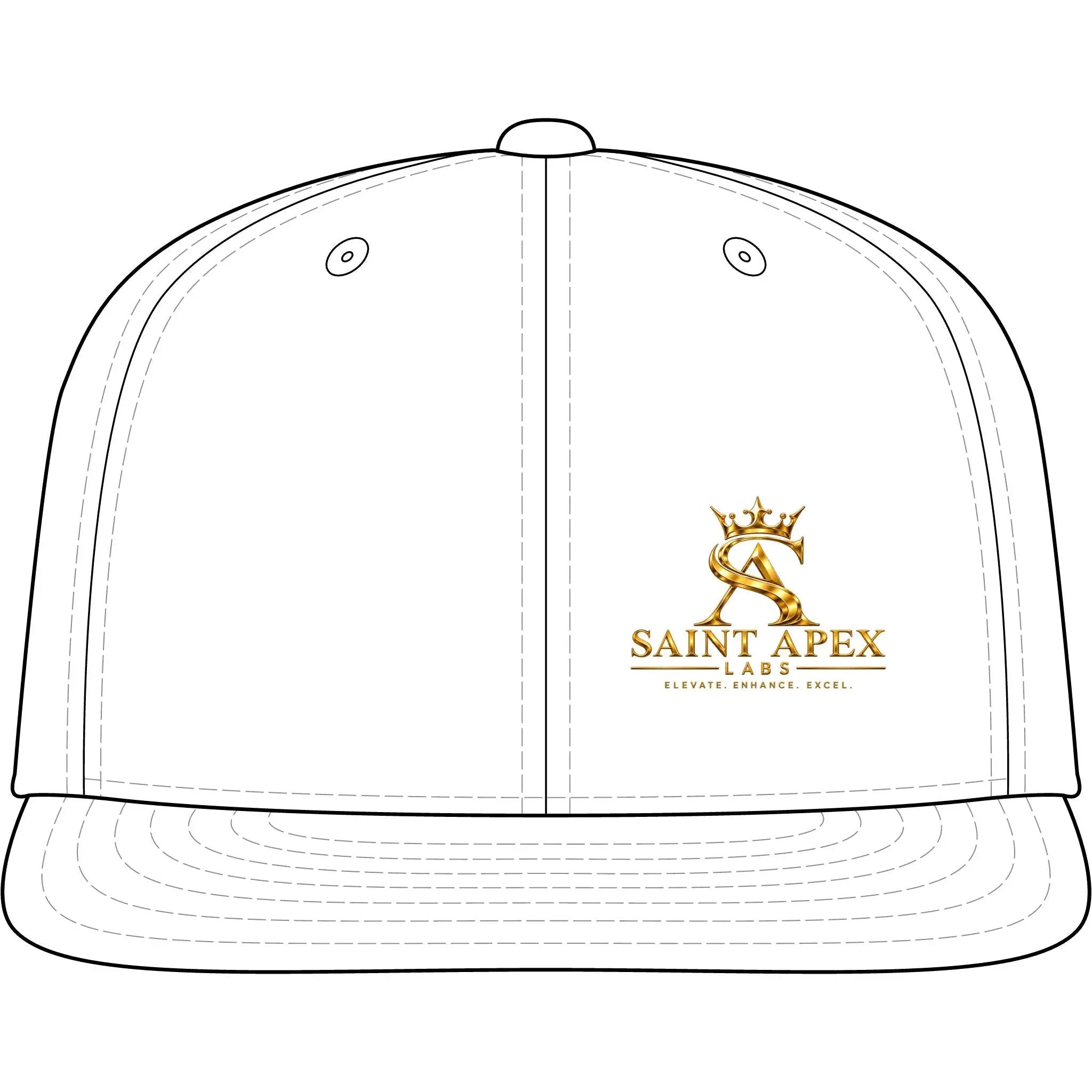 Saint Apex Snapback Cap — Embroidered Gold Logo Flatbill Hat by Printify