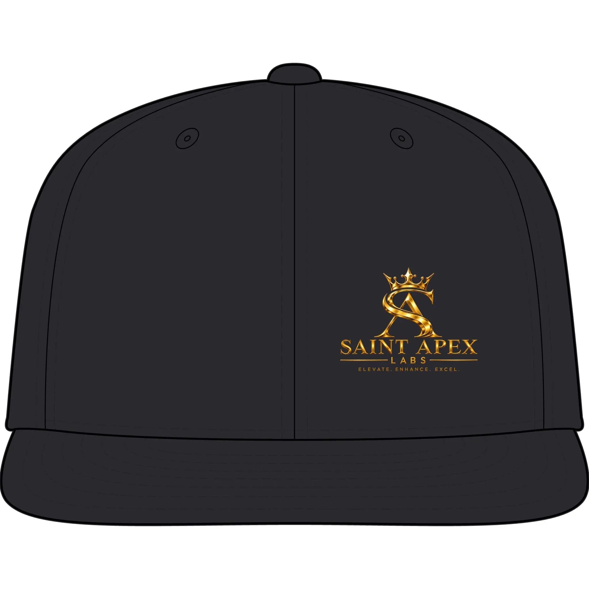 Saint Apex Snapback Cap — Embroidered Gold Logo Flatbill Hat by Printify