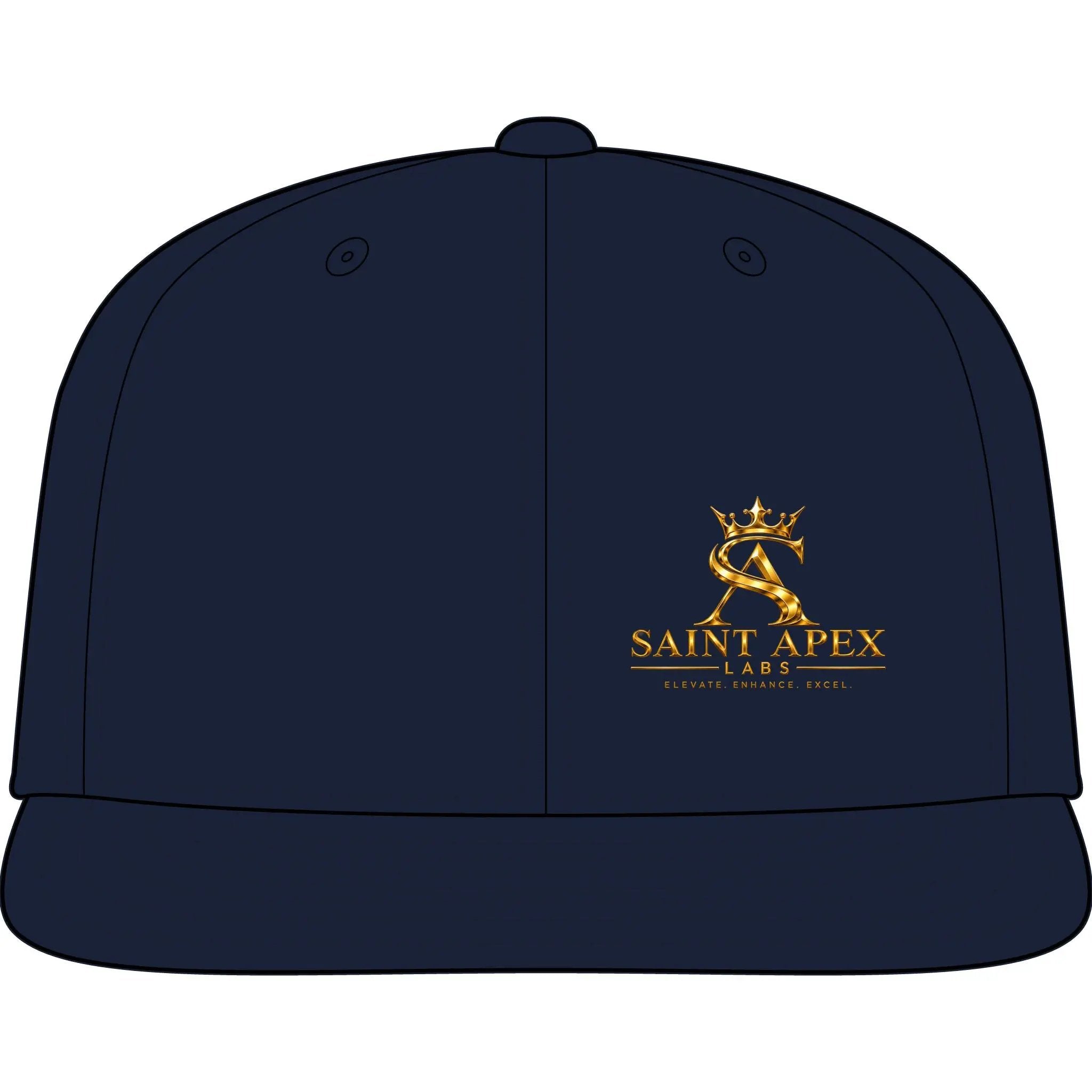 Saint Apex Snapback Cap — Embroidered Gold Logo Flatbill Hat by Printify