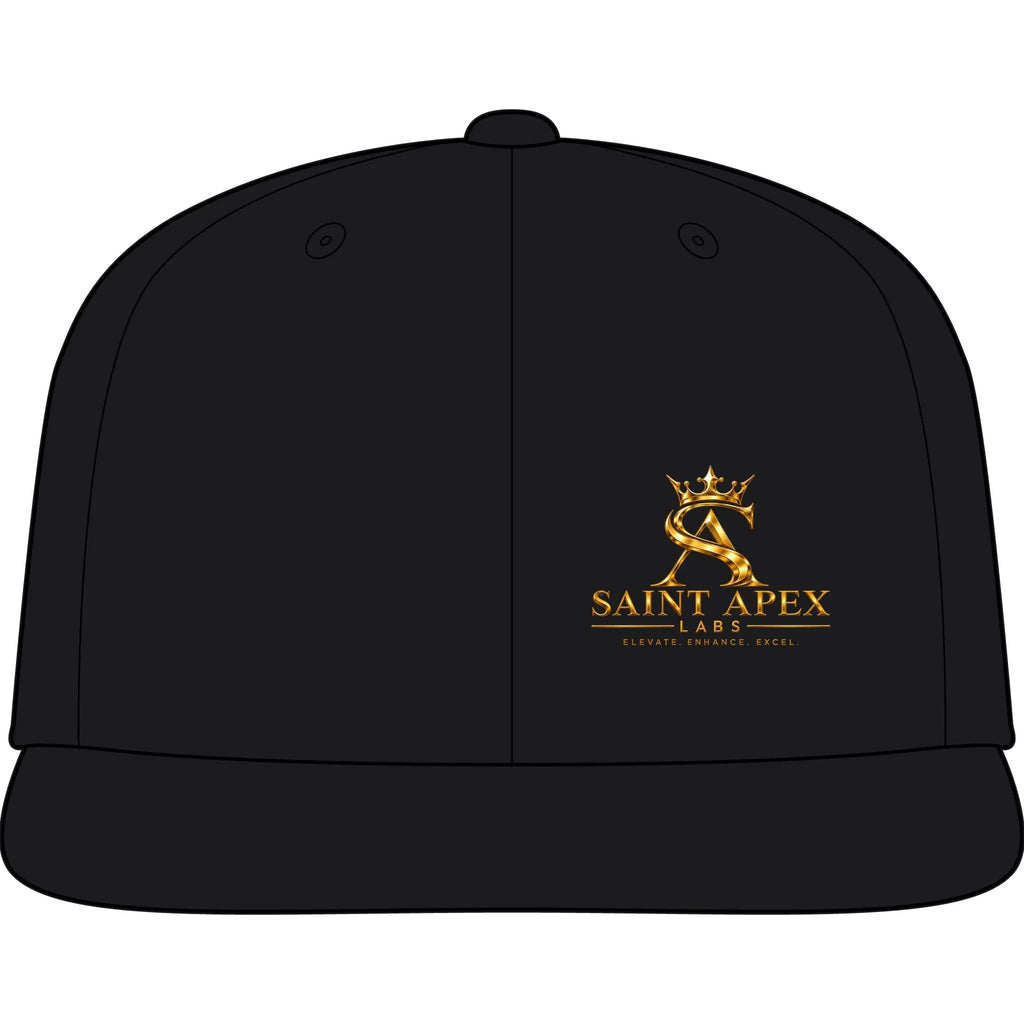 Saint Apex Snapback Cap — Embroidered Gold Logo Flatbill Hat by Printify