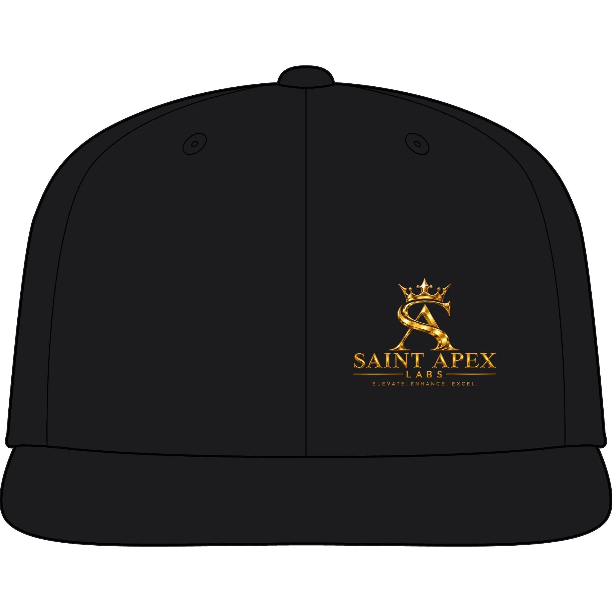 Saint Apex Snapback Cap — Embroidered Gold Logo Flatbill Hat by Printify