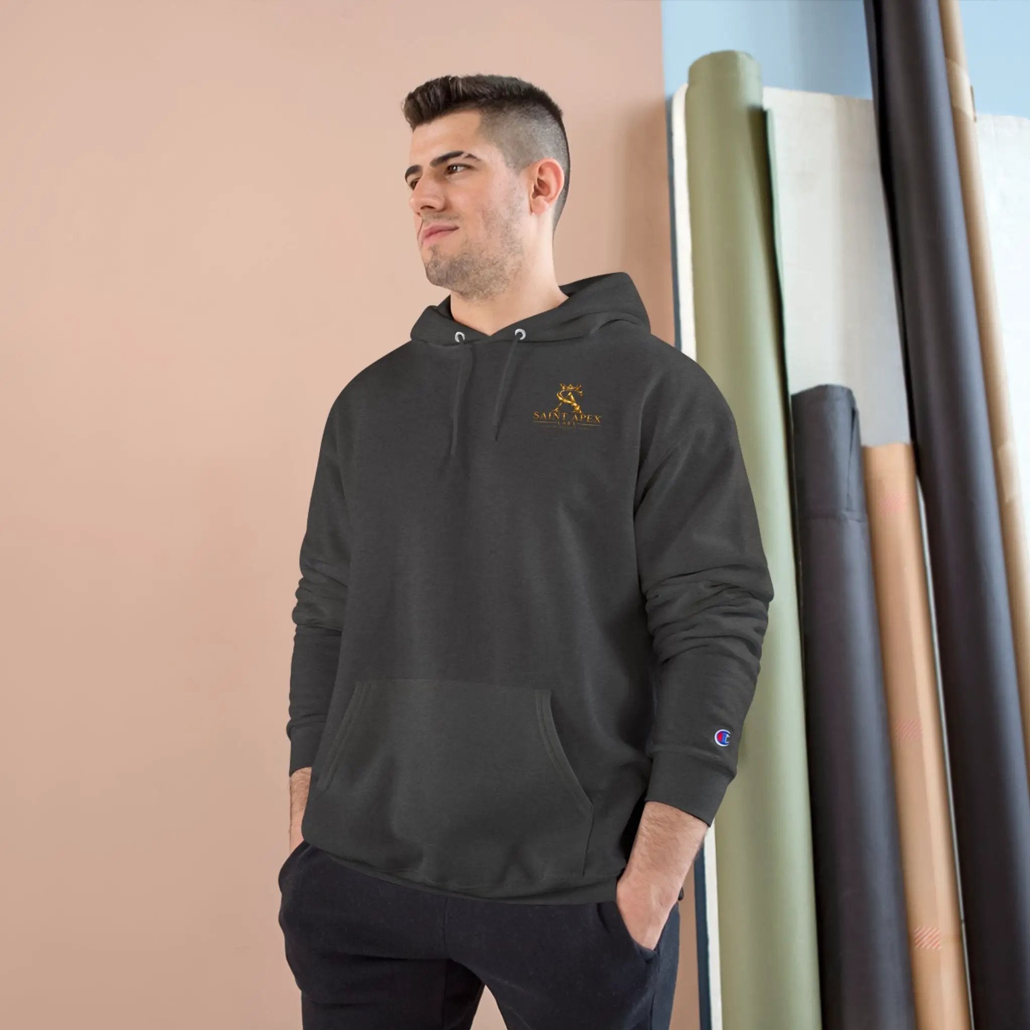 Minimalist Champion Hoodie – Small Chest Logo Pullover by Printify
