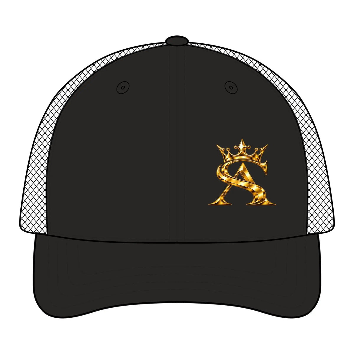 Saint Apex Labs Gold Crest Logo Structured Six Panel Trucker Hat by Printify