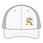 Saint Apex Labs Gold Crest Logo Structured Six Panel Trucker Hat by Printify