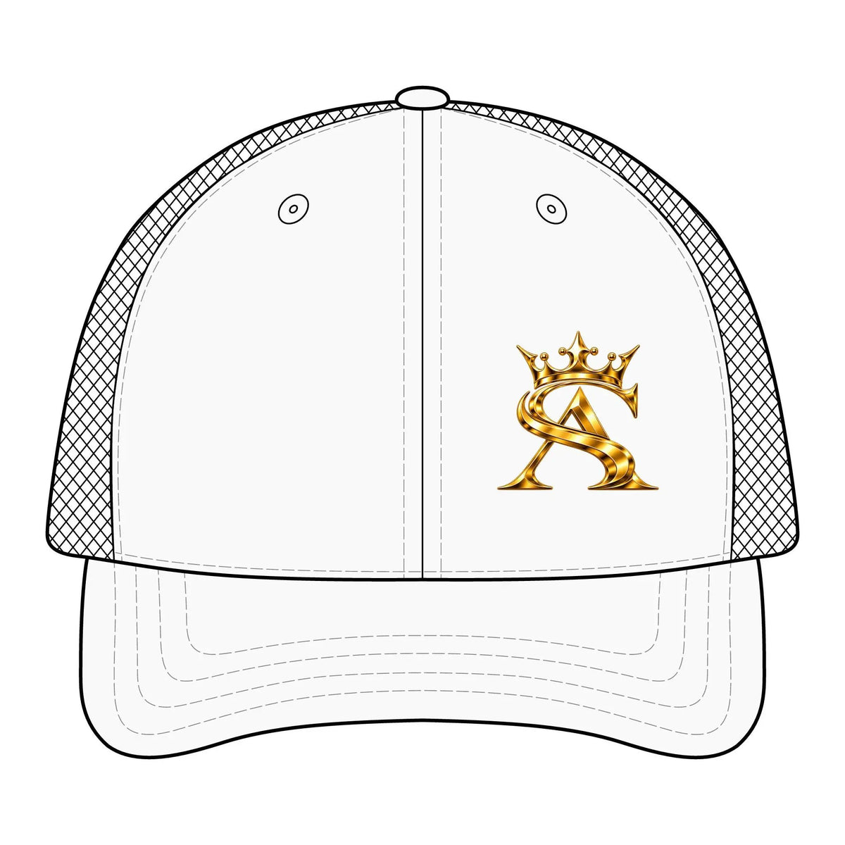 Saint Apex Labs Gold Crest Logo Structured Six Panel Trucker Hat by Printify