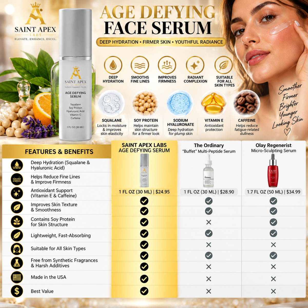 Saint Apex Labs Women Anti Age Defying Serum Squalane Soy Protein Hydrating Face Serum by BLANKA