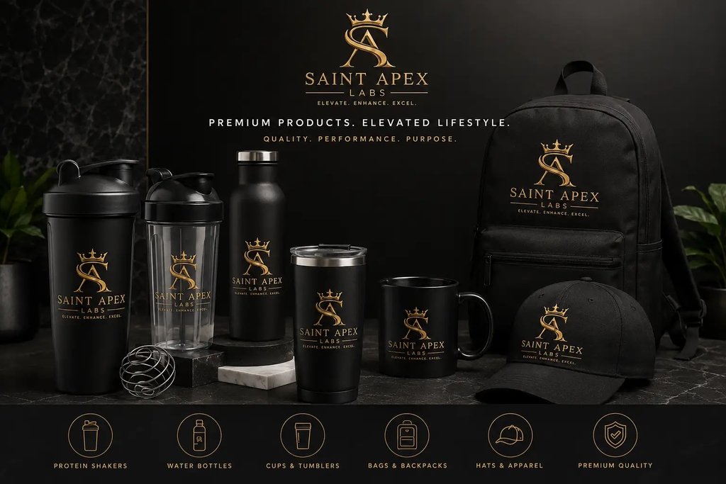 Saint Apex Labs Gold Crest Logo Structured Six Panel Trucker Hat by Printify