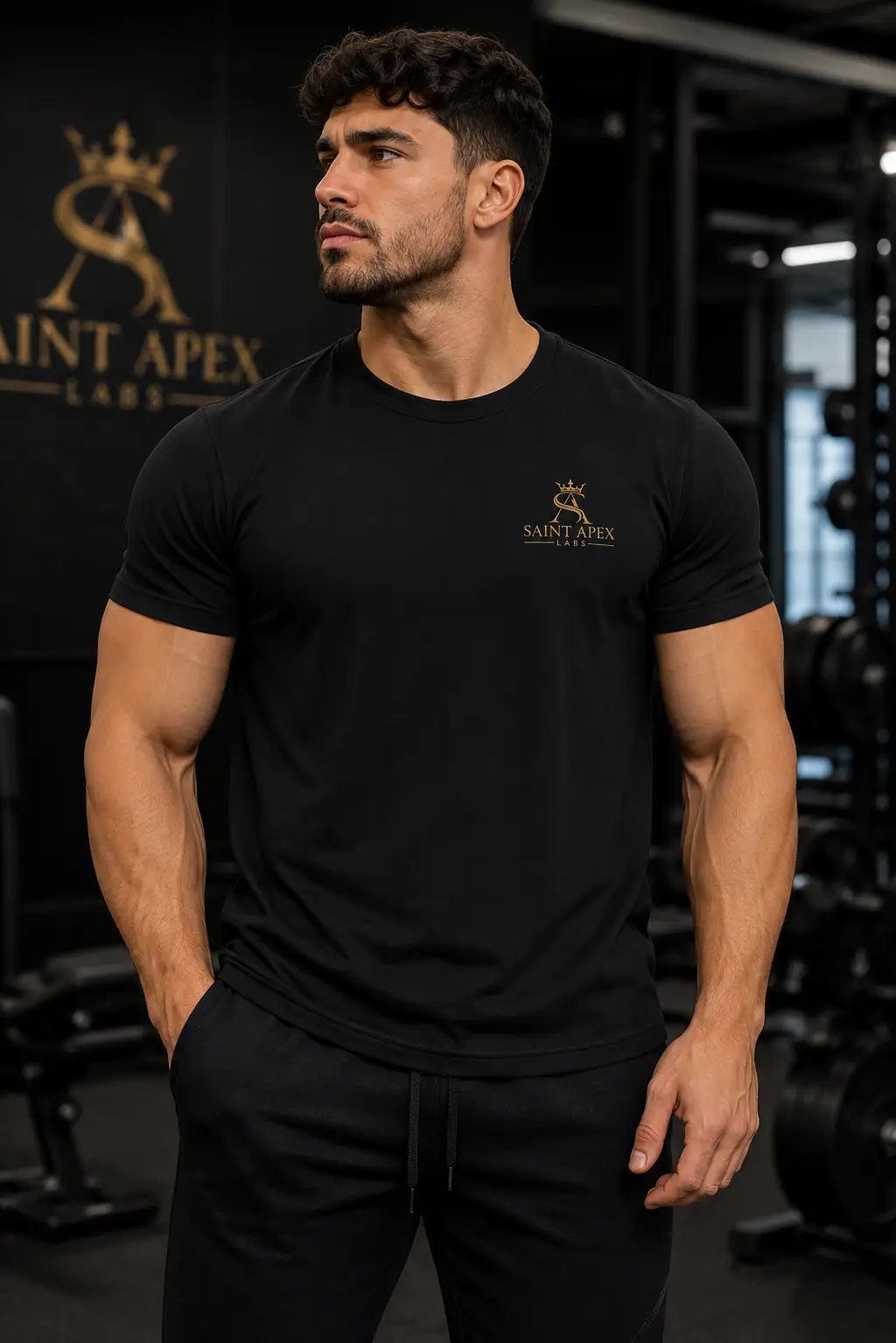 Black Garment Dyed Relaxed Fit Cotton T Shirt With Gold Chest Logo by Printify