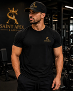 Black Garment Dyed Relaxed Fit Cotton T Shirt With Gold Chest Logo by Printify