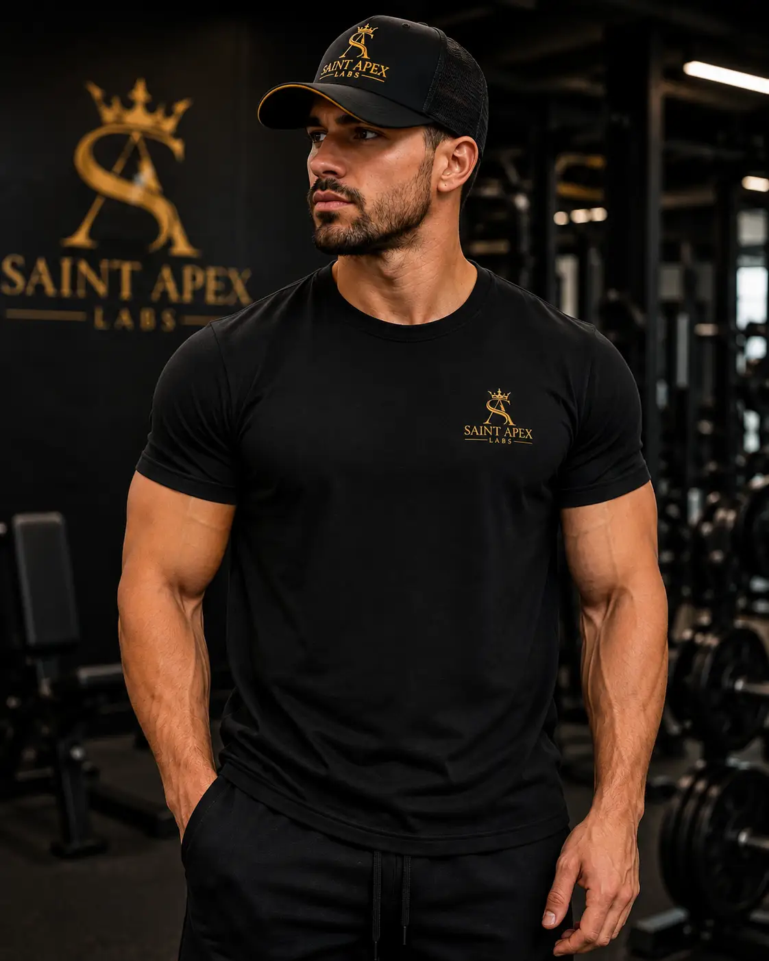 Black Garment Dyed Relaxed Fit Cotton T Shirt With Gold Chest Logo by Printify
