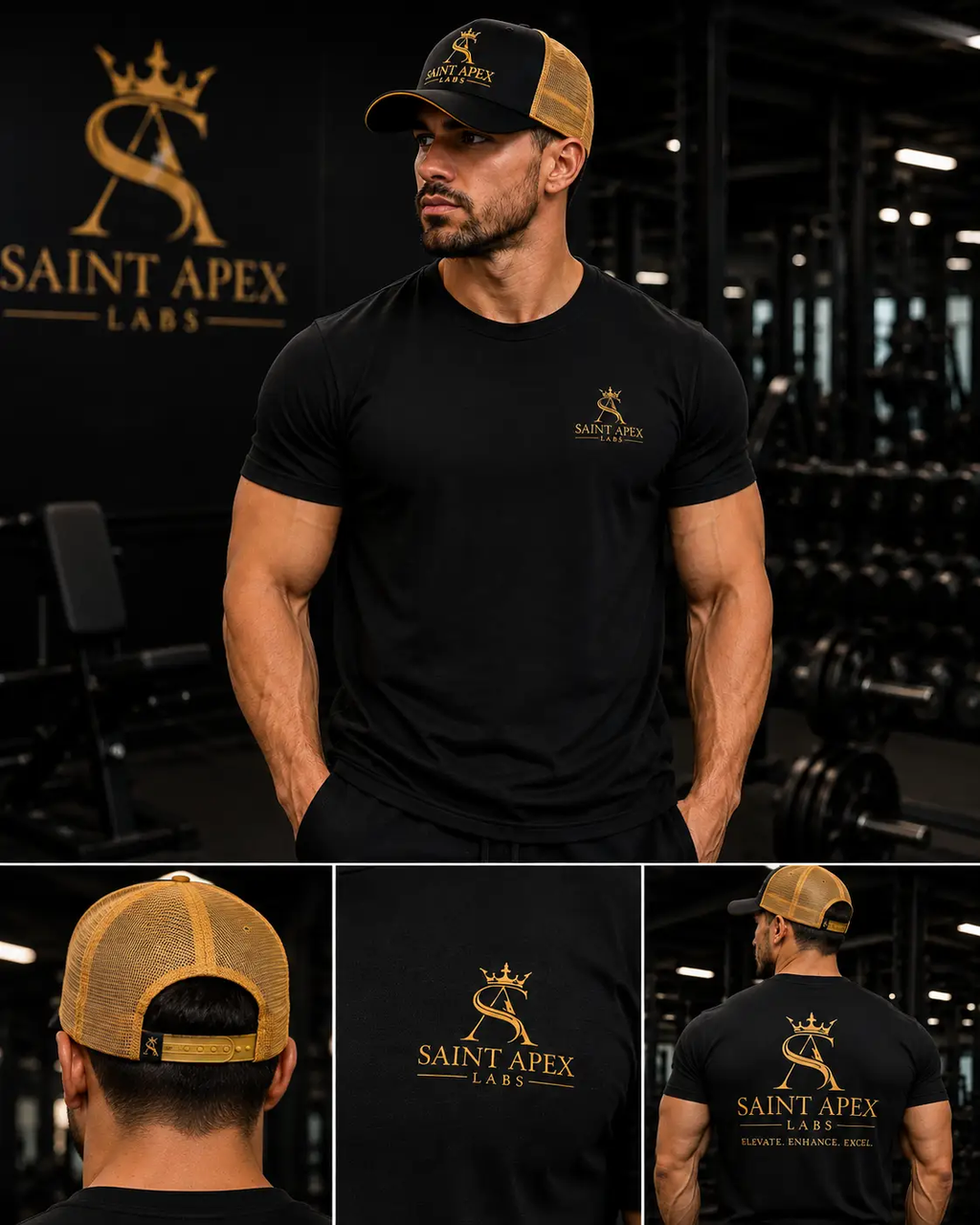 Saint Apex Labs Black Embroidered Gold Flatbill Snapback Hat by Printify