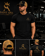 Saint Apex Labs Black Embroidered Gold Flatbill Snapback Hat by Printify