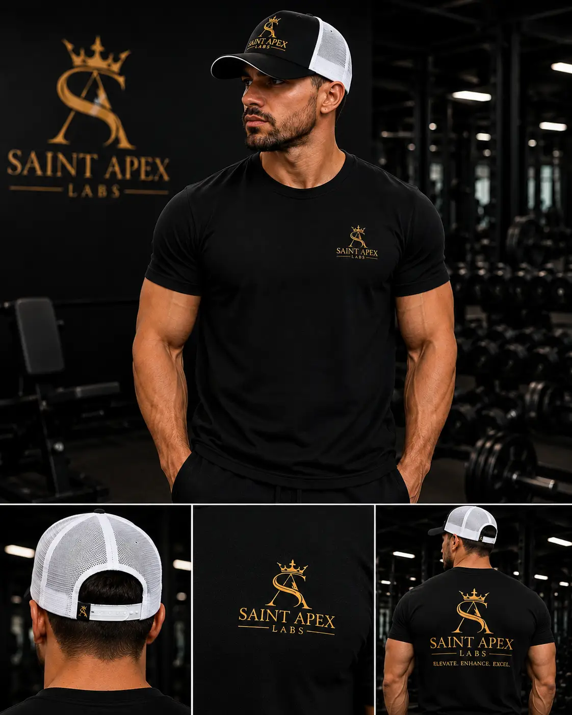 Saint Apex Labs Gold Crest Logo Structured Six Panel Trucker Hat by Printify