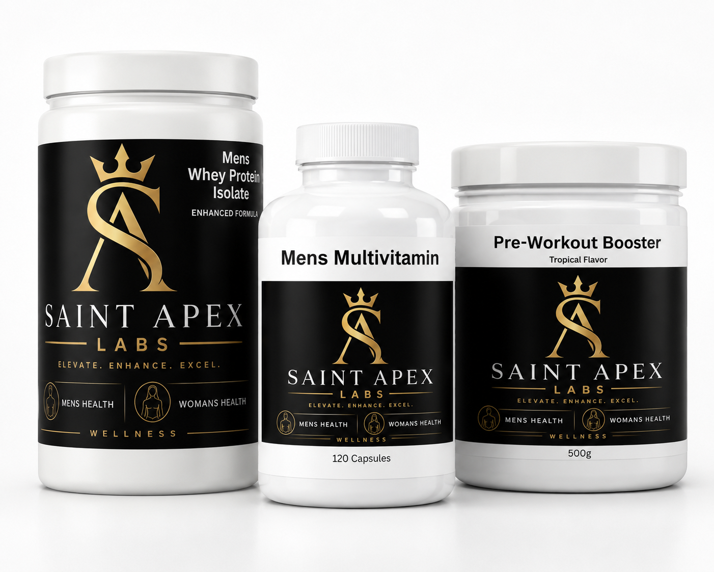 Mens - Premium wellness supplements in luxury packagingMulti vitamin  , Pre Work Out ,Whey Protein