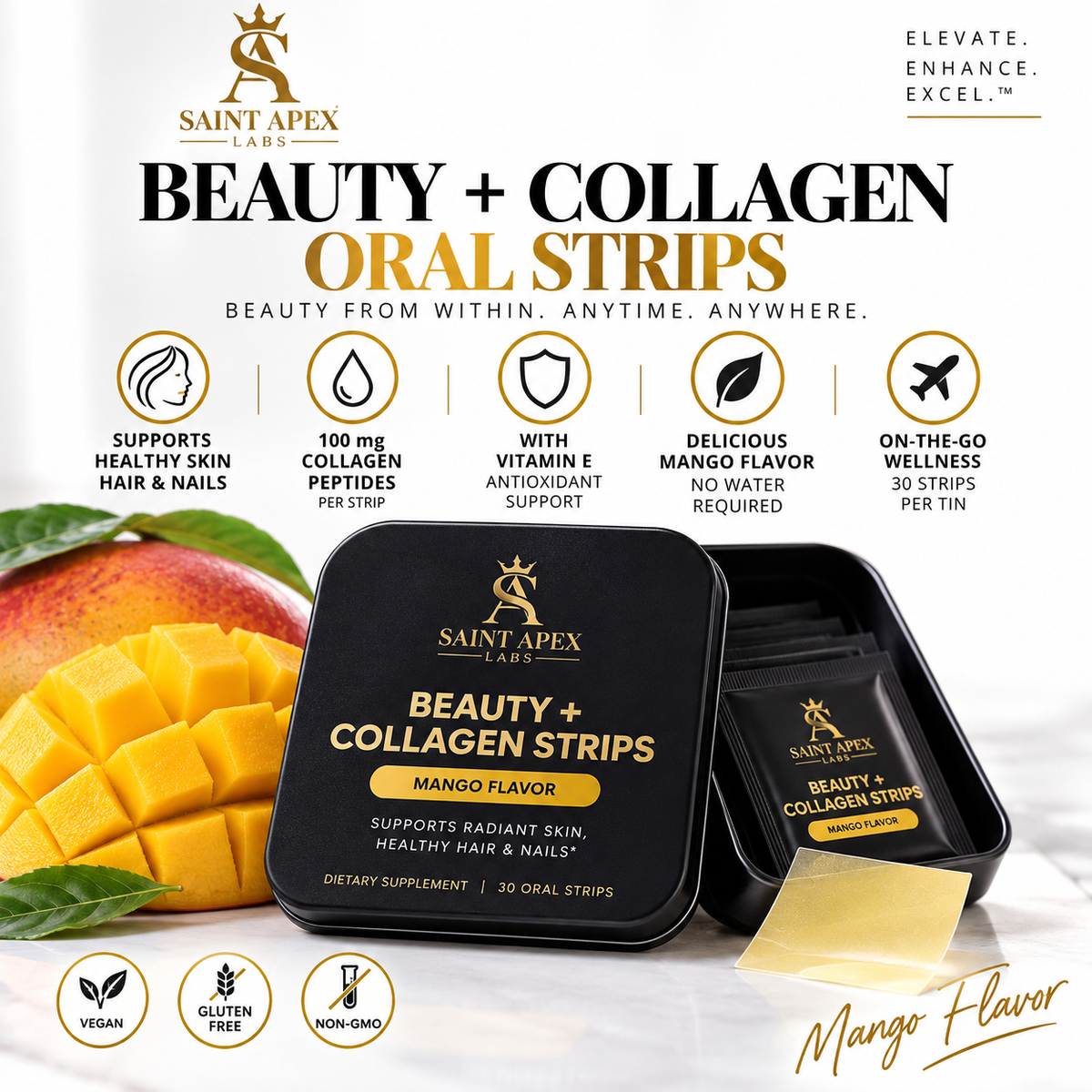 Saint Apex Labs Beauty Collagen Oral Strips Mango Flavor 30 Count by Supliful