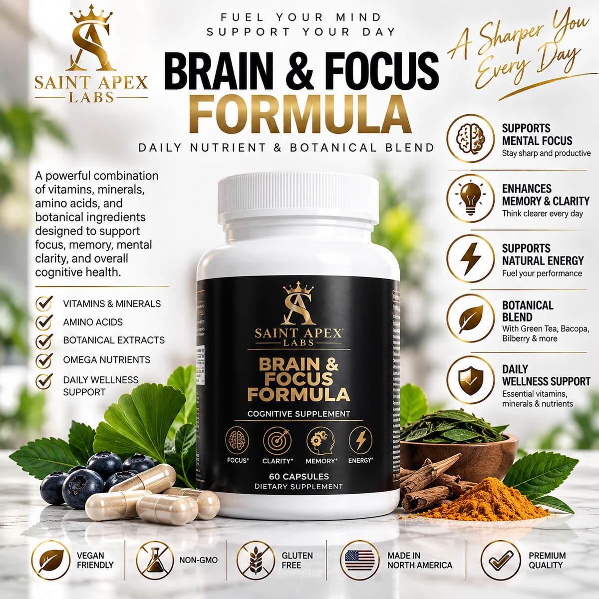 Saint Apex Labs Brain And Focus Formula Cognitive Supplement by Supliful