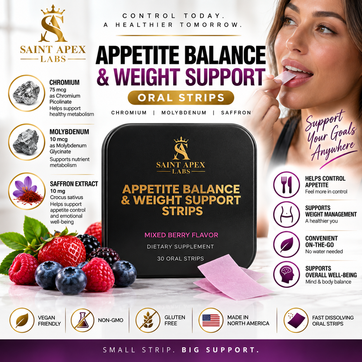 Saint Apex Labs Appetite Balance Weight Support 30 Strips Mixed Berry Flavor by Supliful