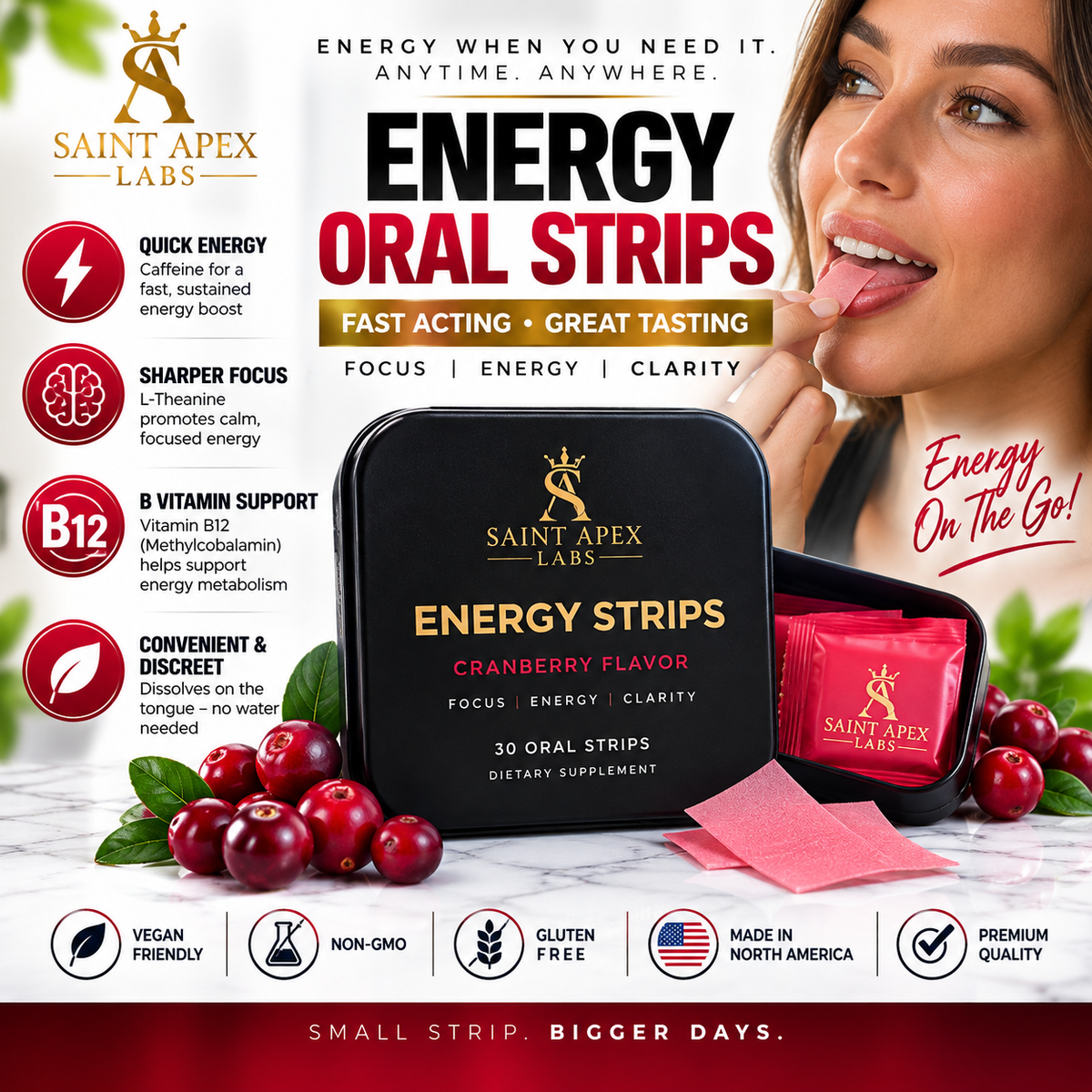 Energy Strips Cranberry Flavor For Quick Focus And Energy by Supliful