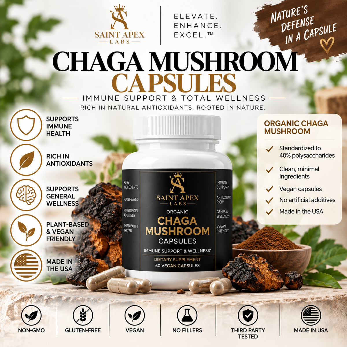 Chaga Mushroom Capsules Immune Support Phytochemical Rich Formula by Supliful