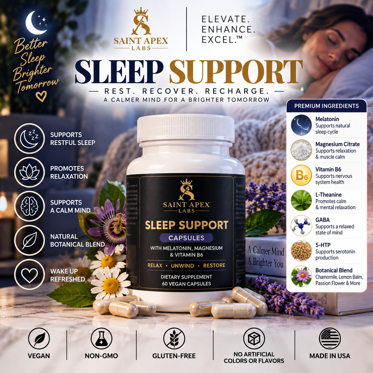 Sleep Support Magnesium Citrate Vitamin B6 Melatonin Restful Night by Supliful