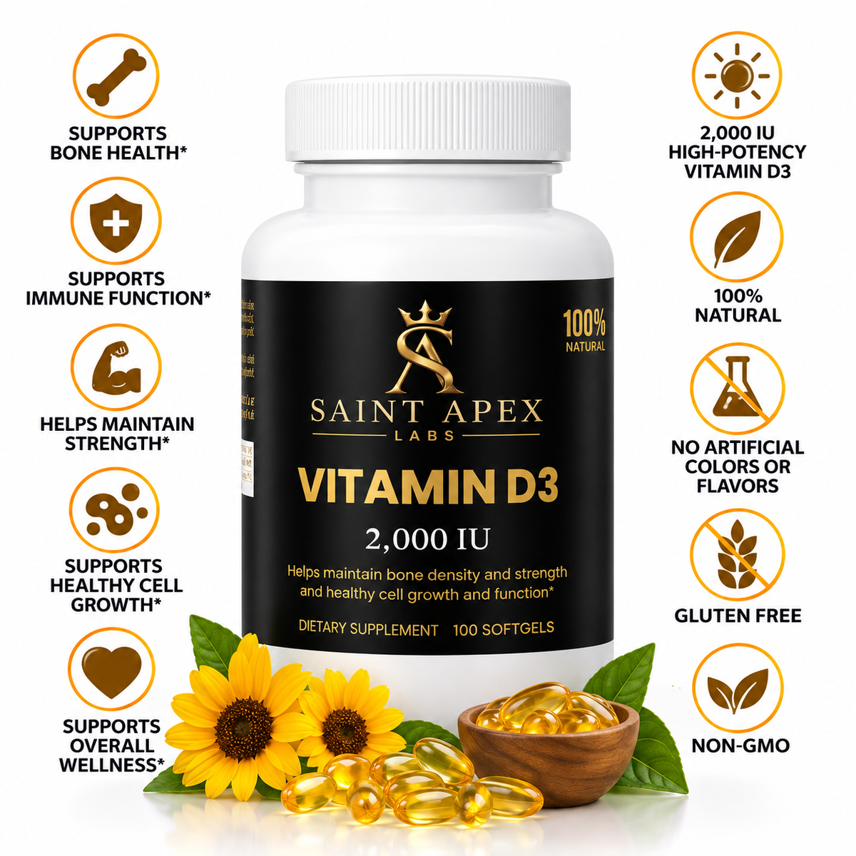 Vitamin D3 2000 IU High Potency Bone Health Supplement by Supliful