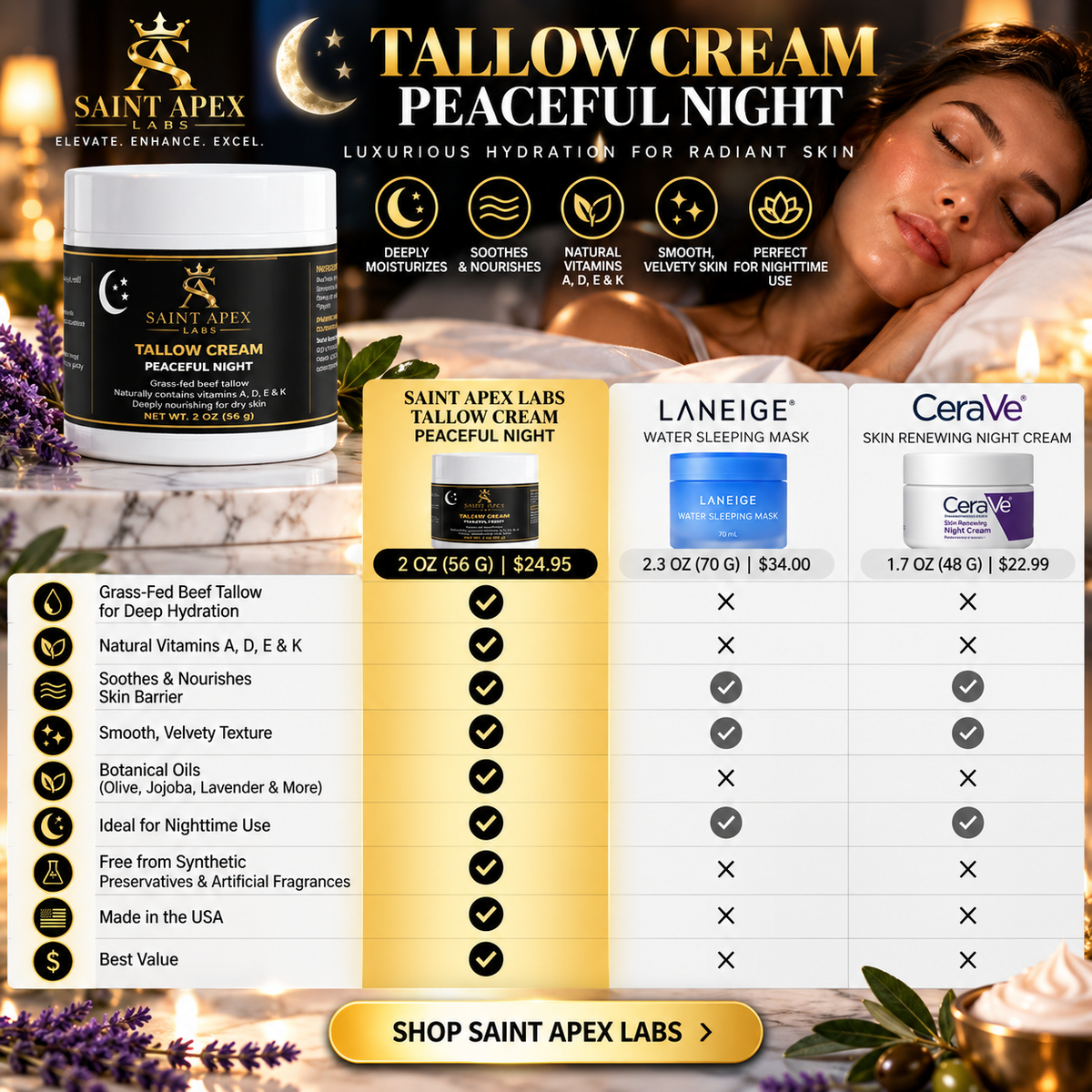 Saint Apex Labs Women Tallow Cream Peaceful Night by Supliful