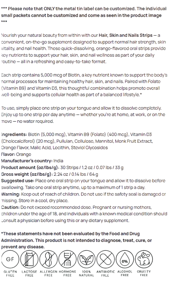 Hair Skin and Nails Strips Nutritional Supplement for Healthy Beauty On the Go by Supliful