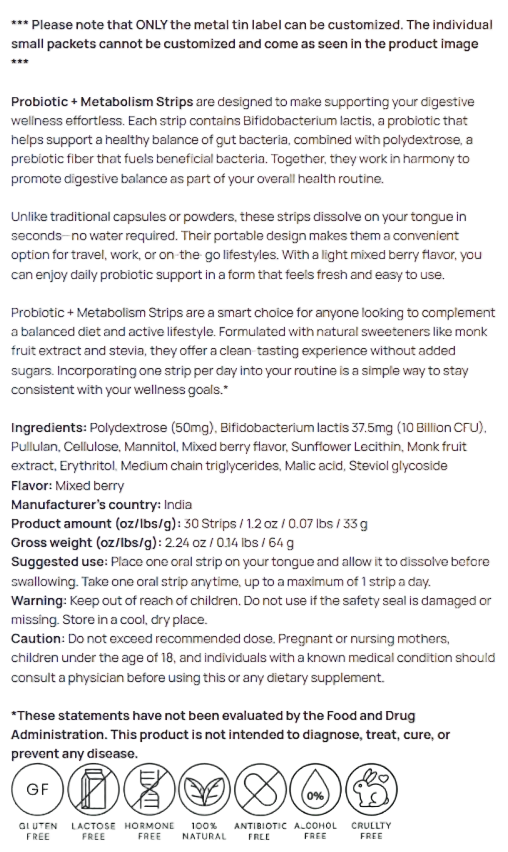 Probiotic Metabolism Strips With Bifidobacterium Lactis For Digestive Support by Supliful