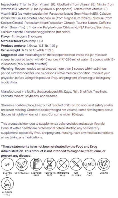 Energy Powder Sugar Free For Smooth Sustained Focus (Strawberry Shortcake) by Supliful