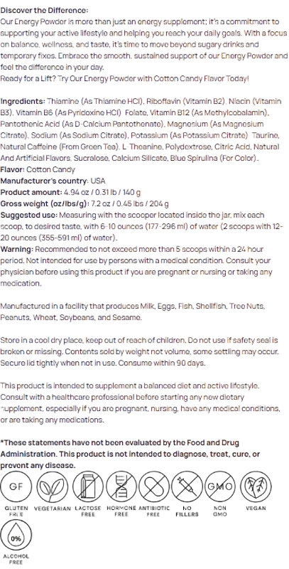 Energy Powder Sugar Free for Focus and Sustained Energy (Cotton Candy) by Supliful
