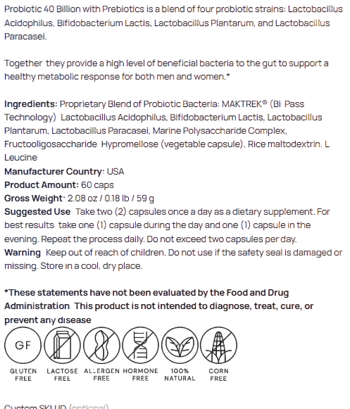 Multi Strain Probiotic 40 Billion With Prebiotics For Gut Health by Supliful