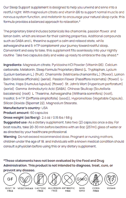 Sleep Support Magnesium Citrate Vitamin B6 Melatonin Restful Night by Supliful