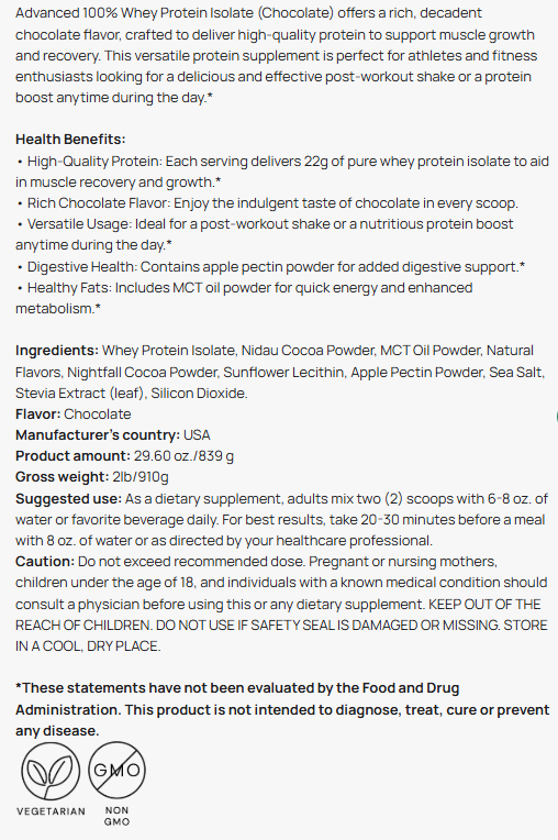 Whey Protein Advanced 100% Isolate Chocolate Flavor by Supliful